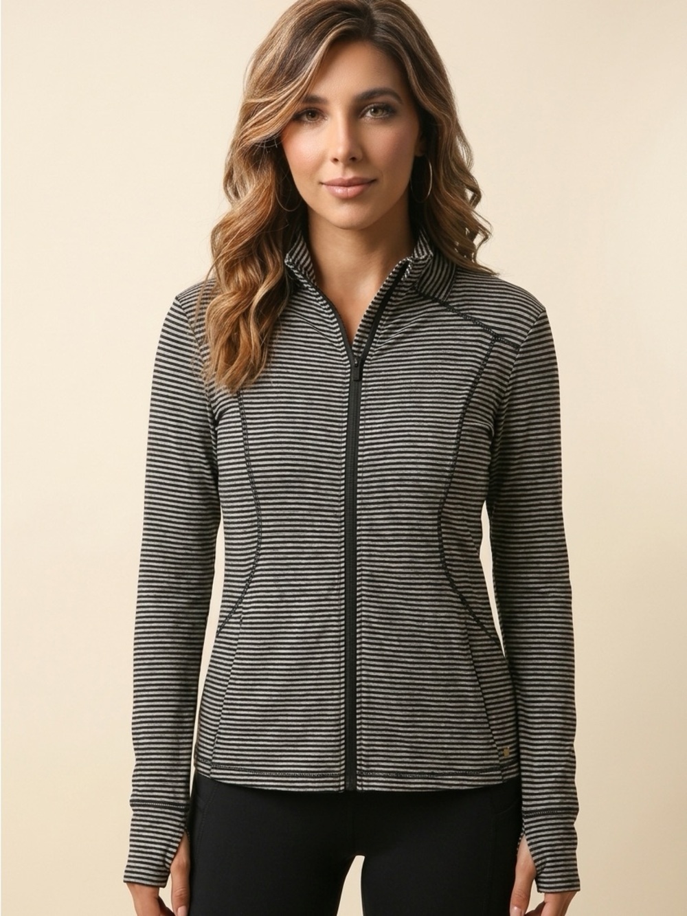 LOLE Womens Black Grey Stripe Zip Jacket Size Large Activewear UPF50 Stretch
